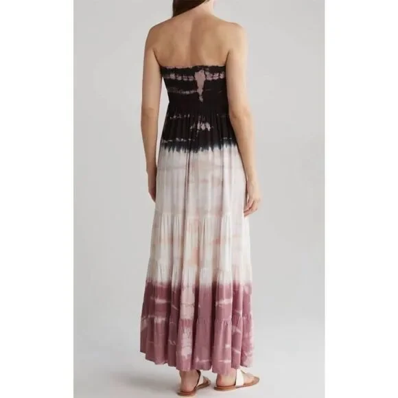 NWT Nordstrom Boho Me XL Ombré Tiered Pink, Black Tie Dye Strapless Maxi Dress - Picture 3 of 12